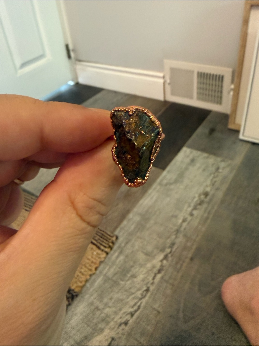 Iridescent Green Raw Stone Ring in Copper Setting